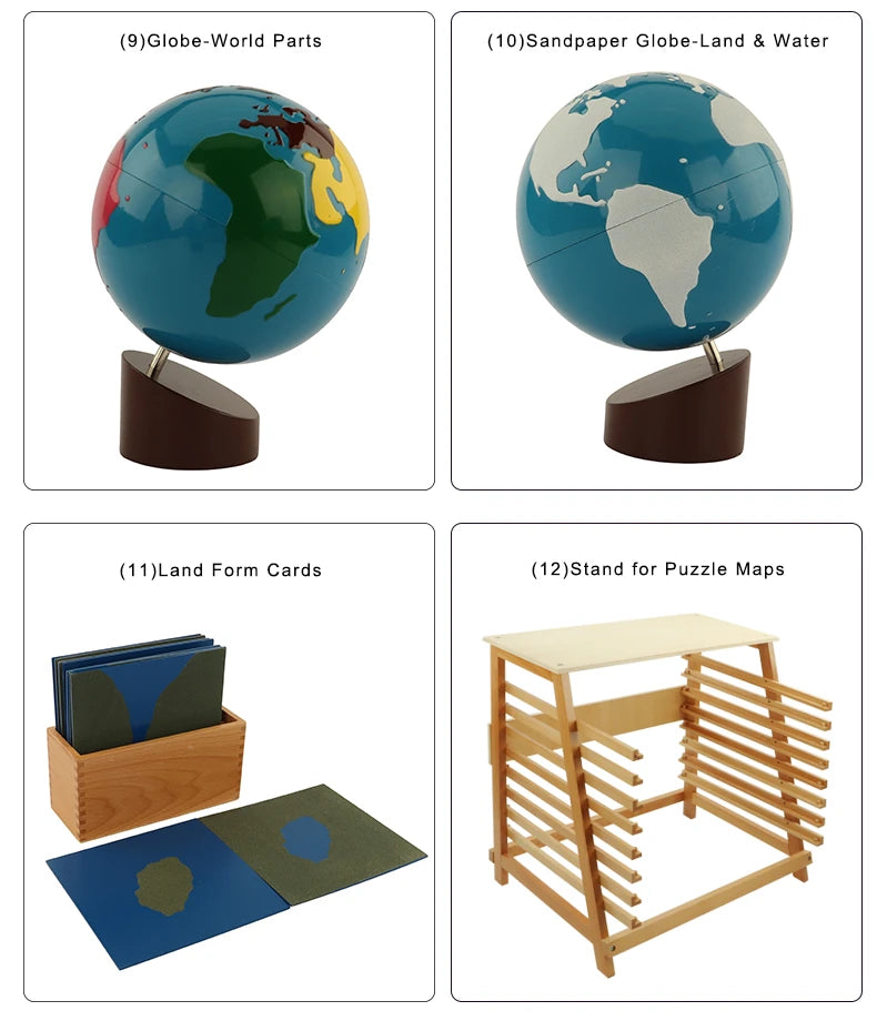 Geography Cabinet Set ( 8 maps, 2 Globes, Sandpaper Land and Water form cards)